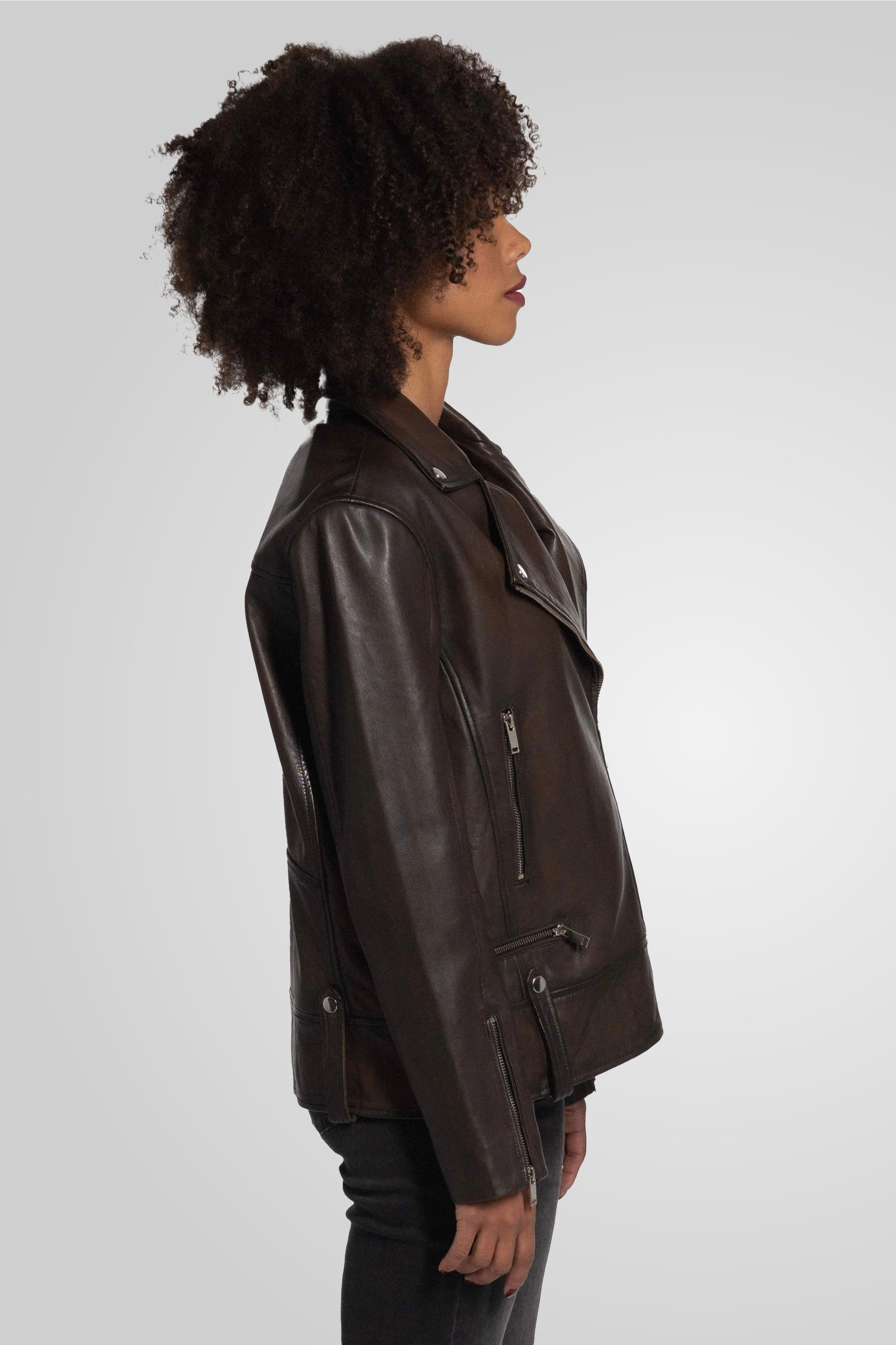 מעיל עור חום HARPER OVERSIZED BOYFRIEND JACKET