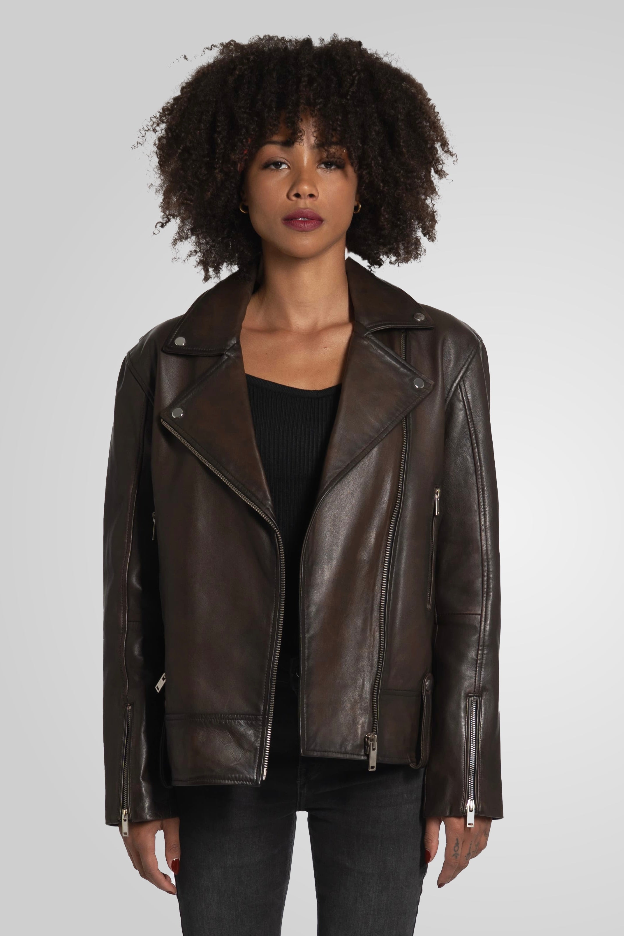 מעיל עור חום HARPER OVERSIZED BOYFRIEND JACKET