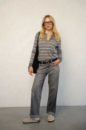 סריג פולו פסים אפור