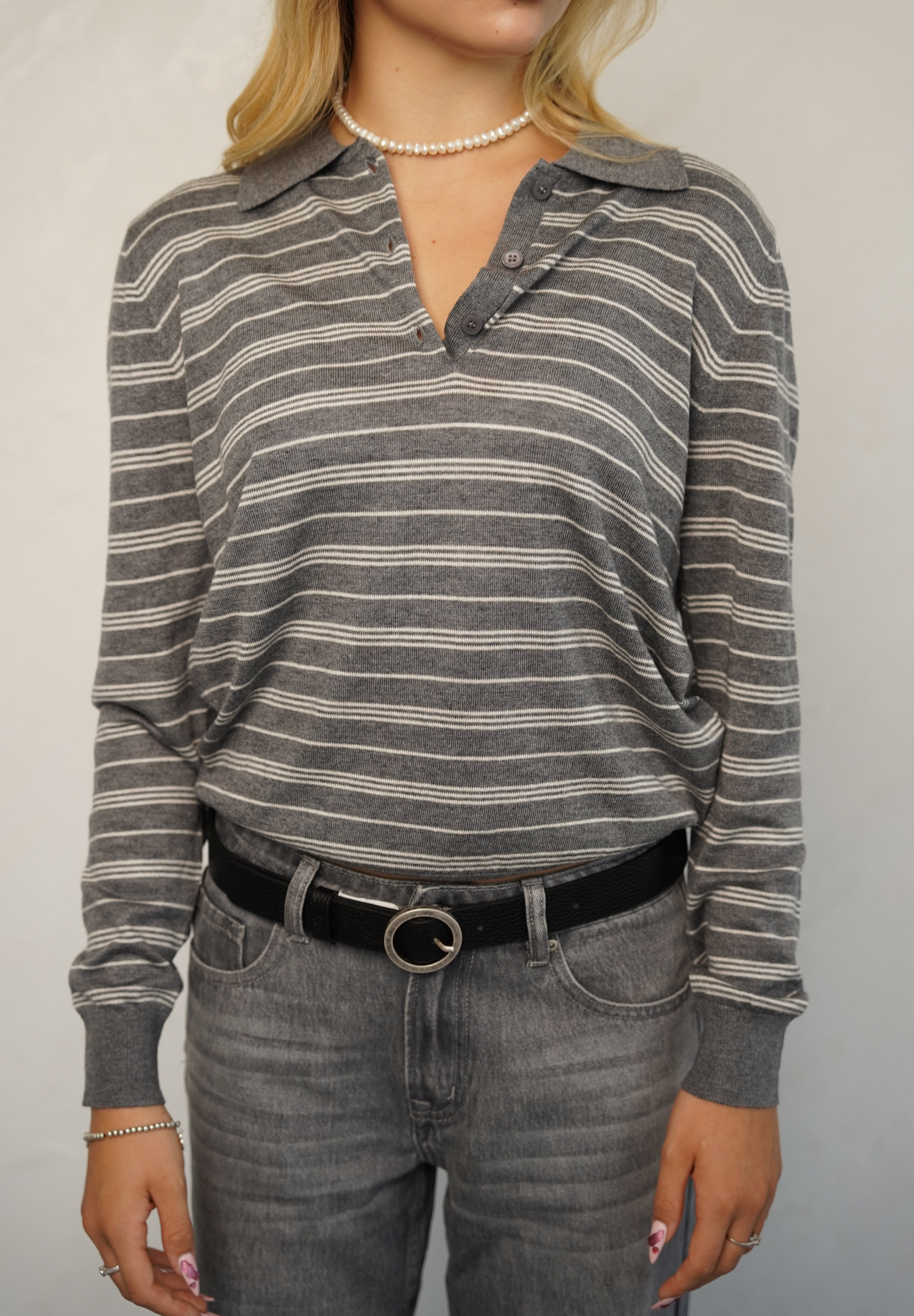 סריג פולו פסים אפור