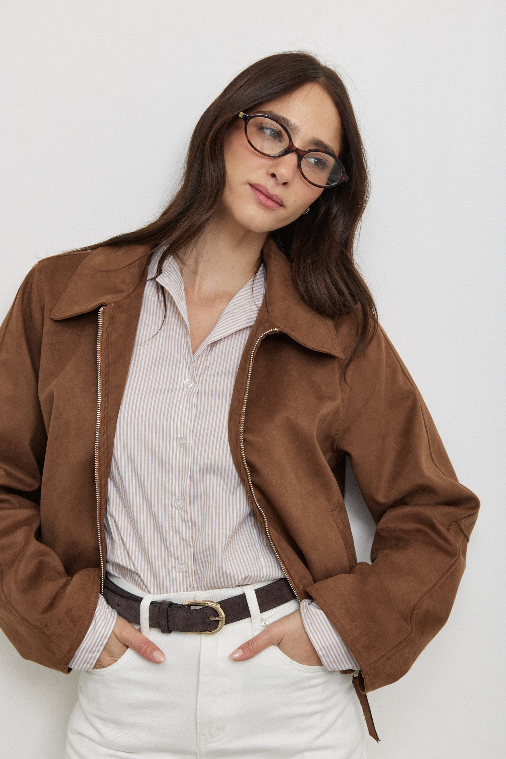 חולצה מכופתרת פסים בז