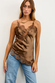 גופיית תחרה אסימטרית חומה