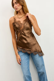 גופיית תחרה אסימטרית חומה