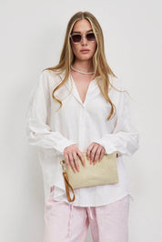 חולצת פשתן כותנה מכופתרת אוברסייז לבן