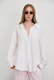 חולצת פשתן כותנה מכופתרת אוברסייז לבן