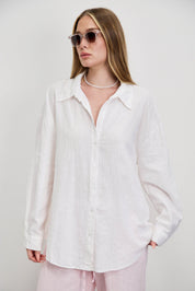 חולצת פשתן כותנה מכופתרת אוברסייז לבן