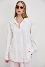 חולצת פשתן כותנה מכופתרת אוברסייז לבן