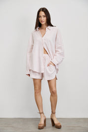 חולצת פשתן כותנה מכופתרת אוברסייז ורוד בהיר