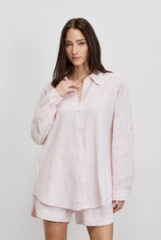 חולצת פשתן כותנה מכופתרת אוברסייז ורוד בהיר