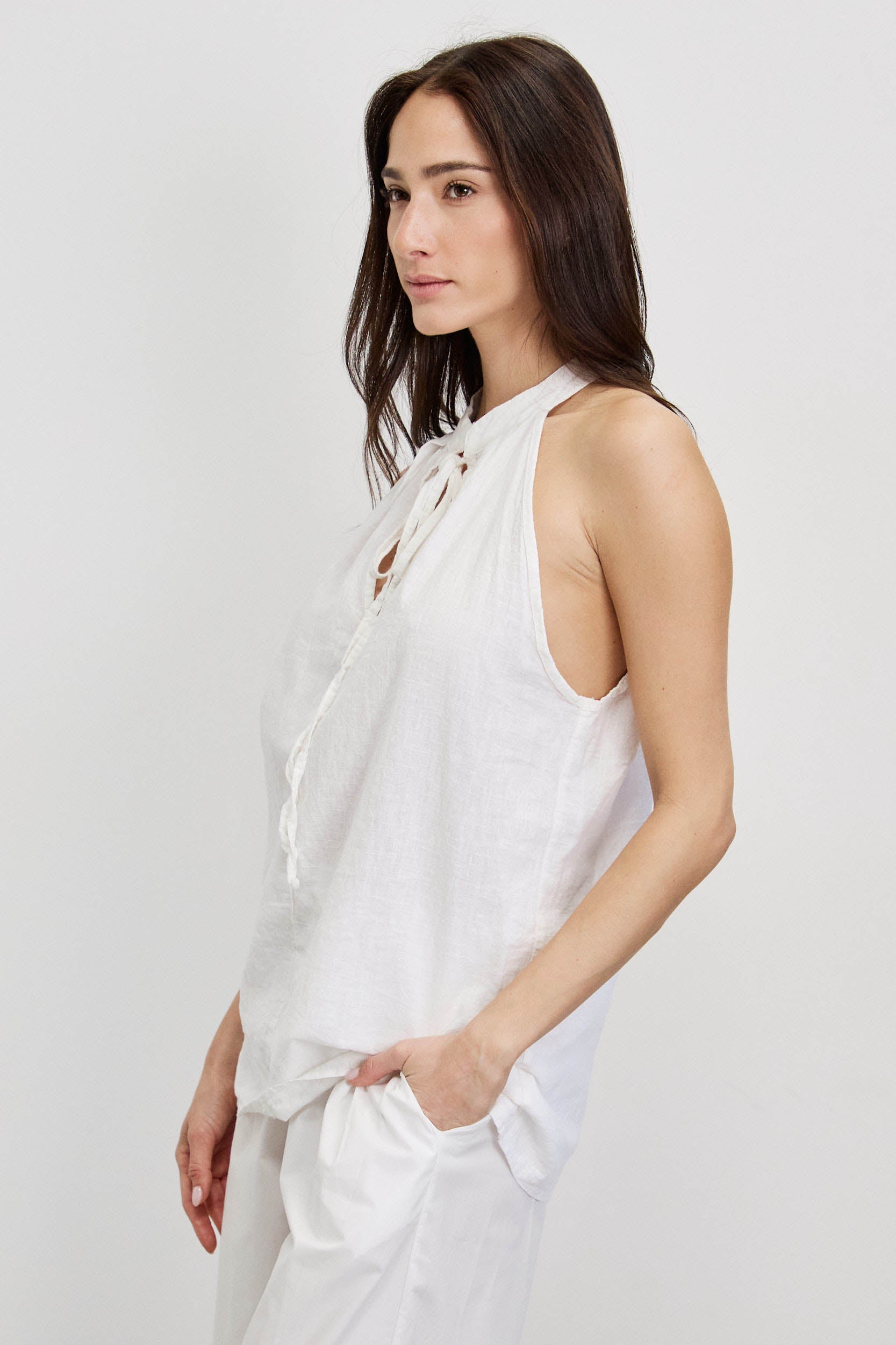 חולצת פשתן כותנה קולר לבן