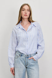 חולצה מכופתרת פסים כותנה תכלת
