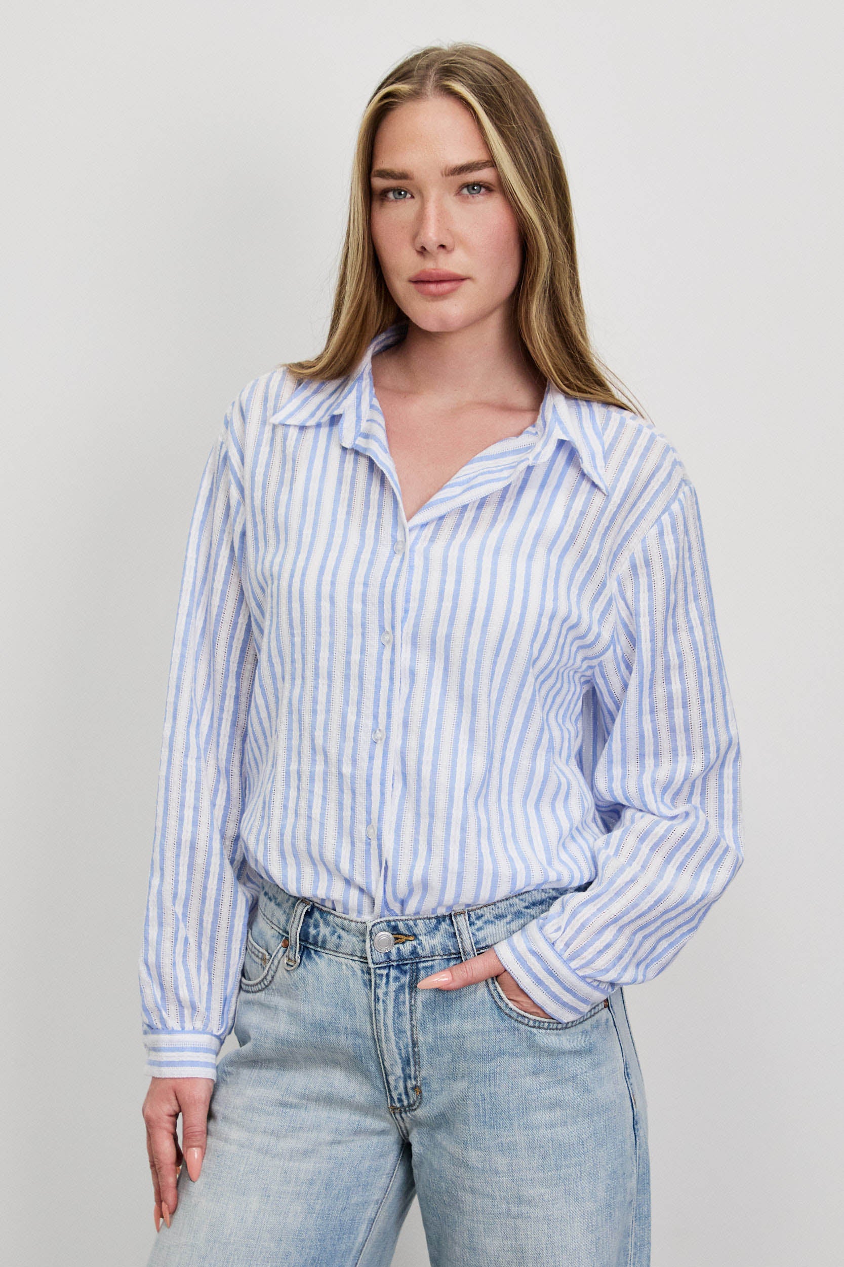 חולצה מכופתרת פסים כותנה תכלת