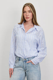 חולצה מכופתרת פסים כותנה תכלת