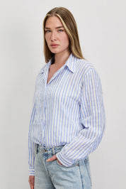 חולצה מכופתרת פסים כותנה תכלת