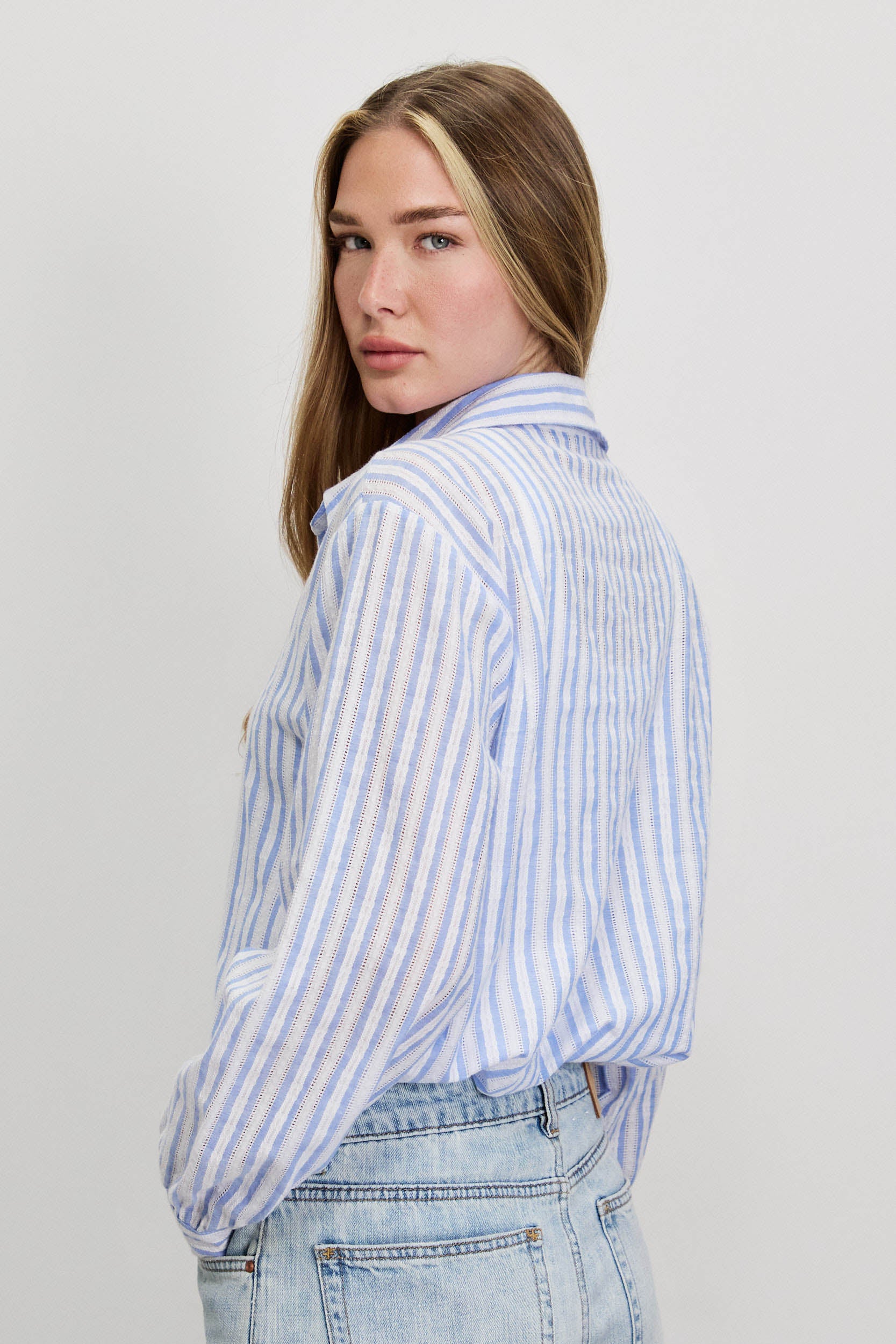 חולצה מכופתרת פסים כותנה תכלת