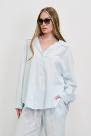 חולצת פשתן כותנה מכופתרת אוברסייז תכלת