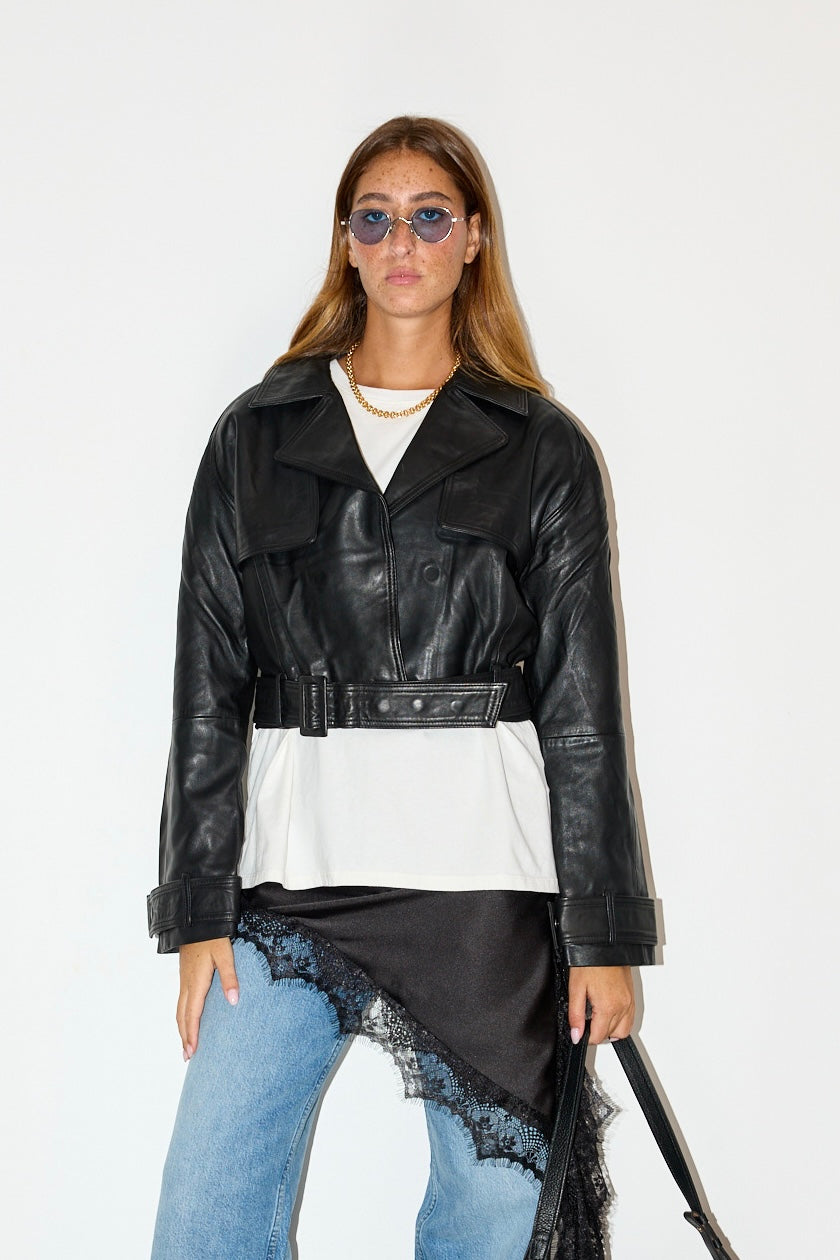 מעיל עור שחור ROMIE CROPPED TRENCH BIKER