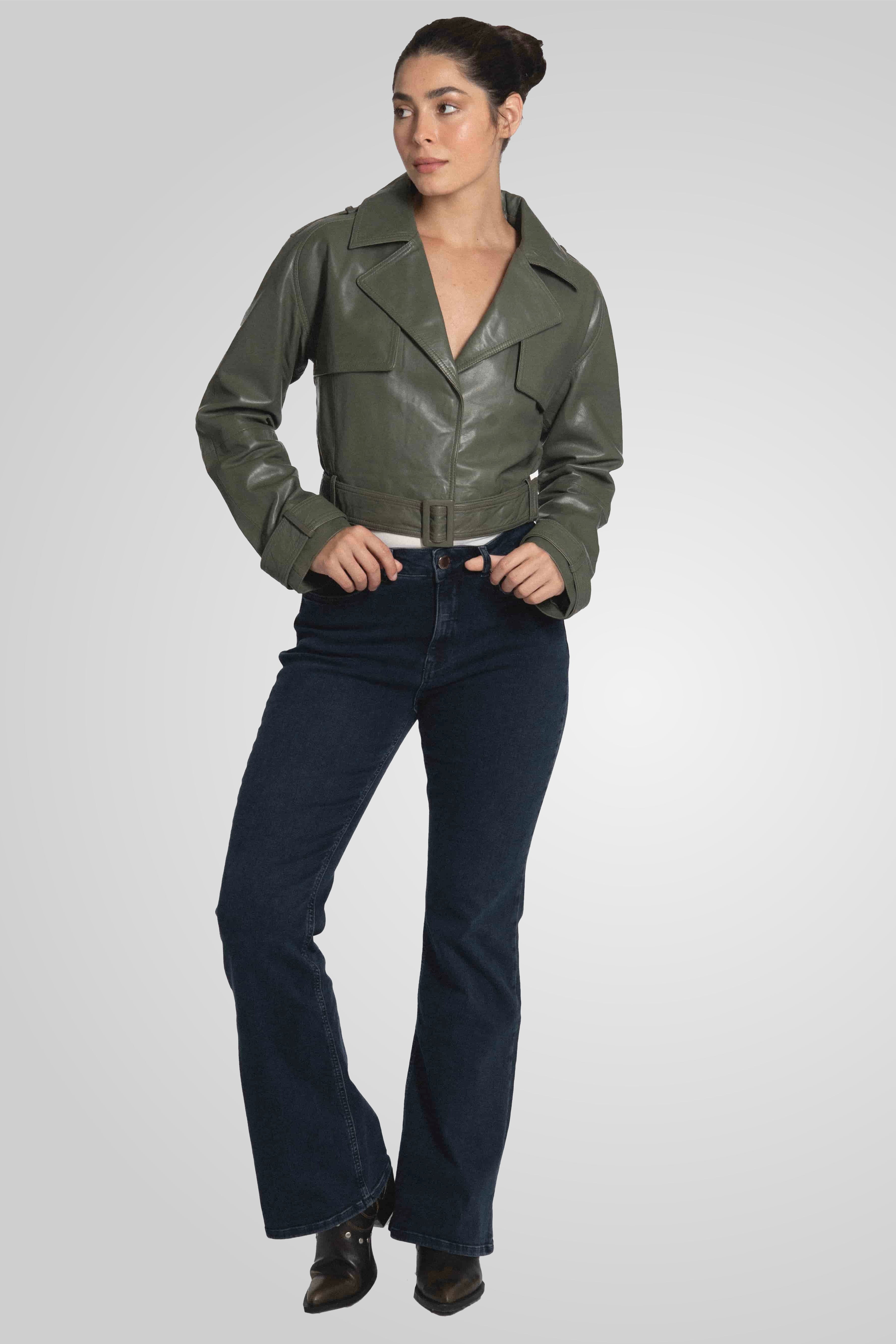 מעיל עור ירוק  ROMIE CROPPED TRENCH BIKER