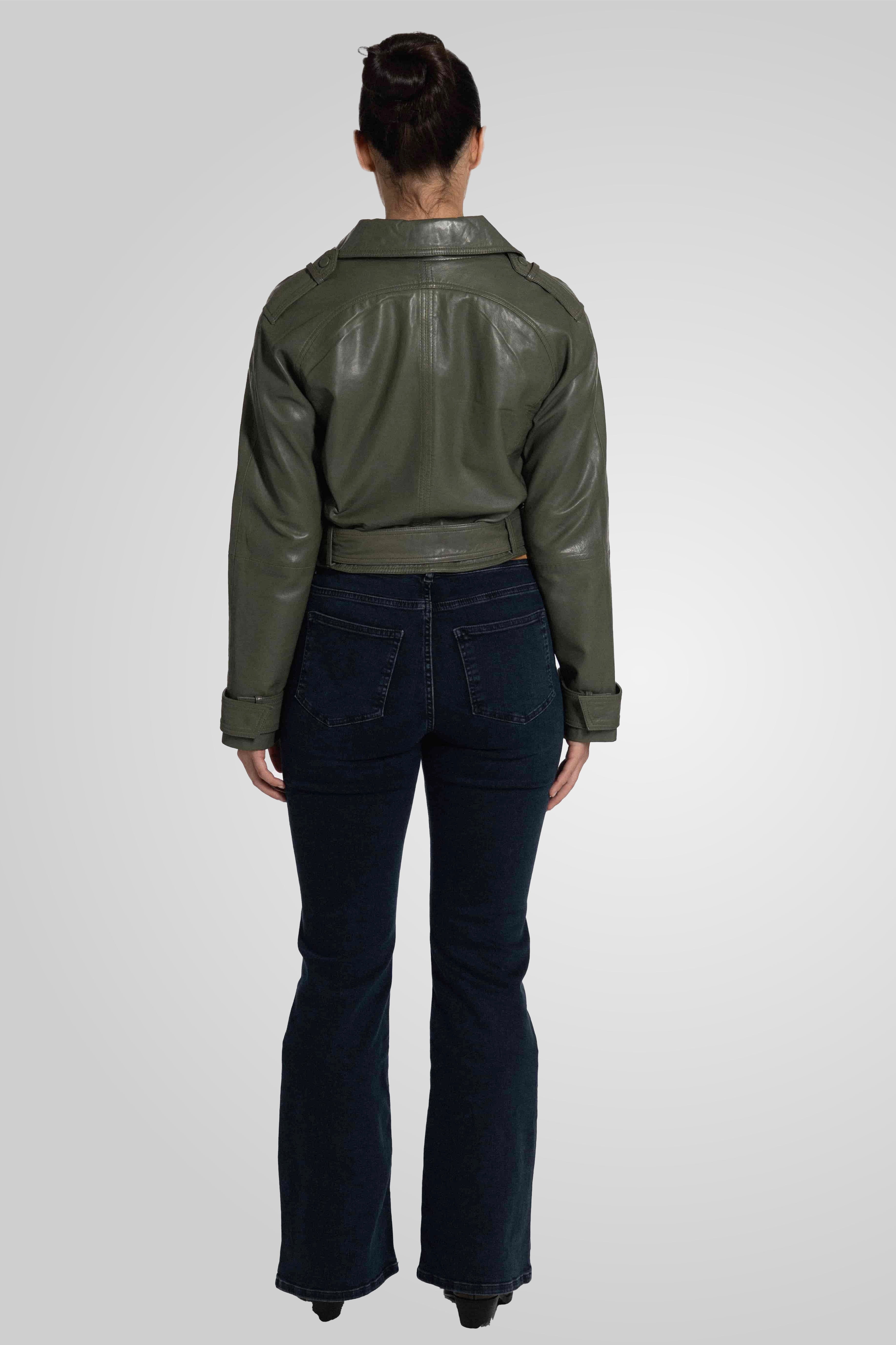 מעיל עור ירוק  ROMIE CROPPED TRENCH BIKER