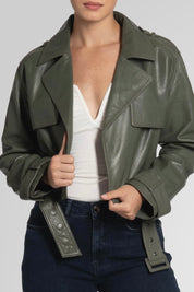 מעיל עור ירוק  ROMIE CROPPED TRENCH BIKER