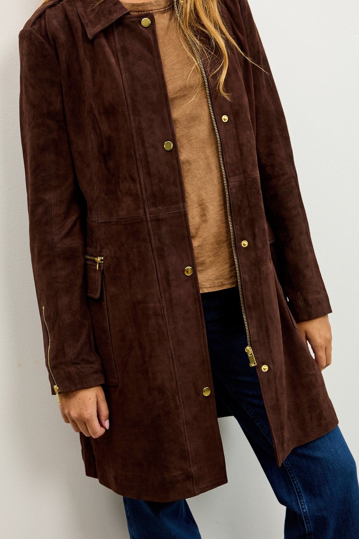 מעיל עור זמש חום EVI KNEE LENGTH SUEDE TRENCH