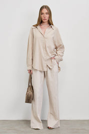 חולצת פשתן כותנה מכופתרת אוברסייז בז