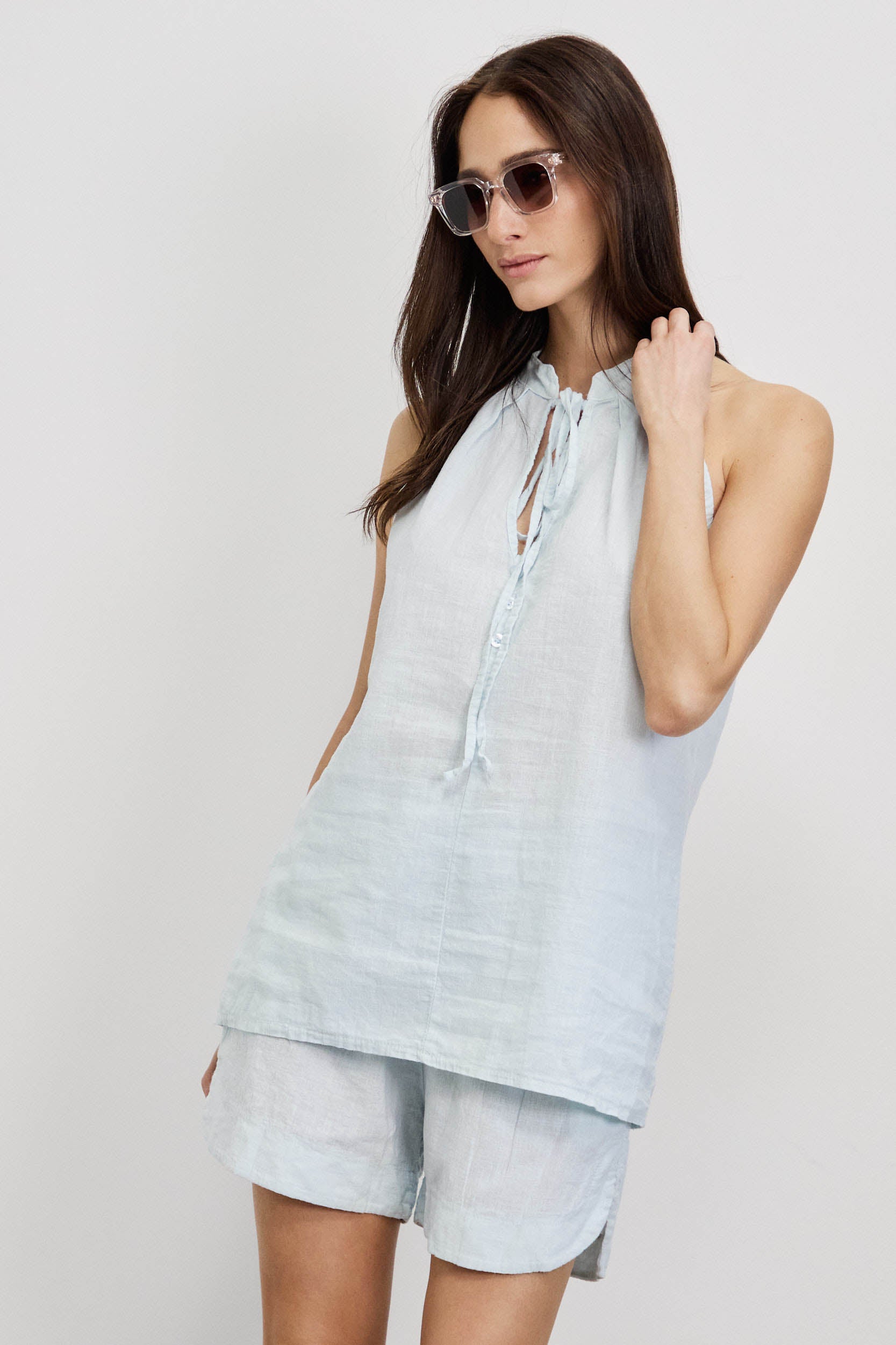 חולצת פשתן כותנה קולר תכלת