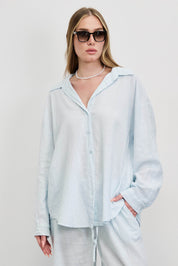 חולצת פשתן כותנה מכופתרת אוברסייז תכלת