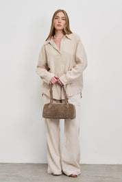 חולצת פשתן כותנה מכופתרת אוברסייז בז