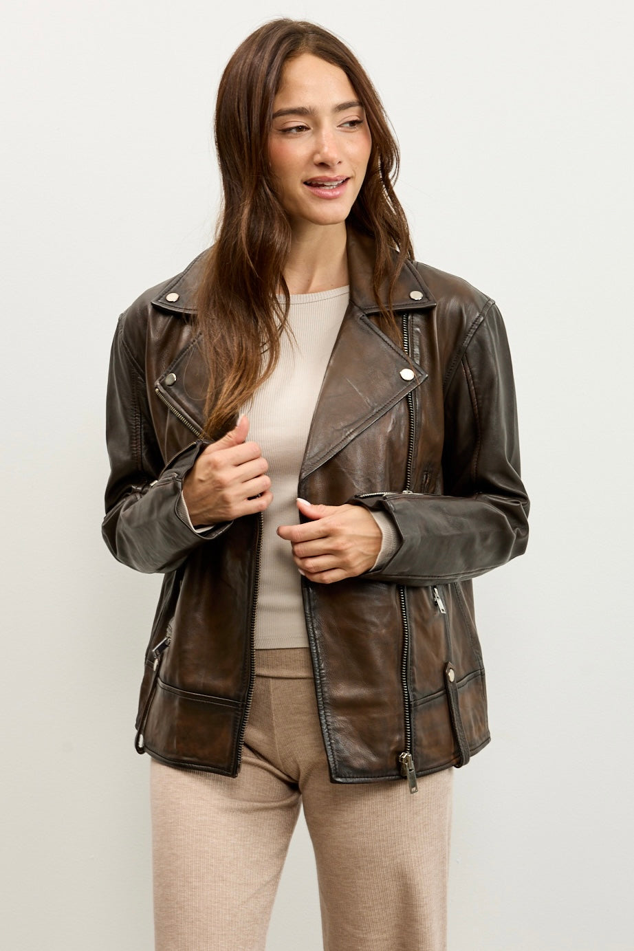 ‎מעיל עור חום HARPER OVERSIZED BOYFRIEND JACKET