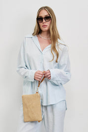 חולצת פשתן כותנה מכופתרת אוברסייז תכלת