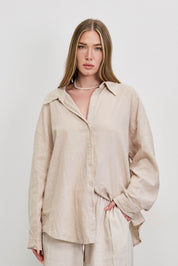 חולצת פשתן כותנה מכופתרת אוברסייז בז