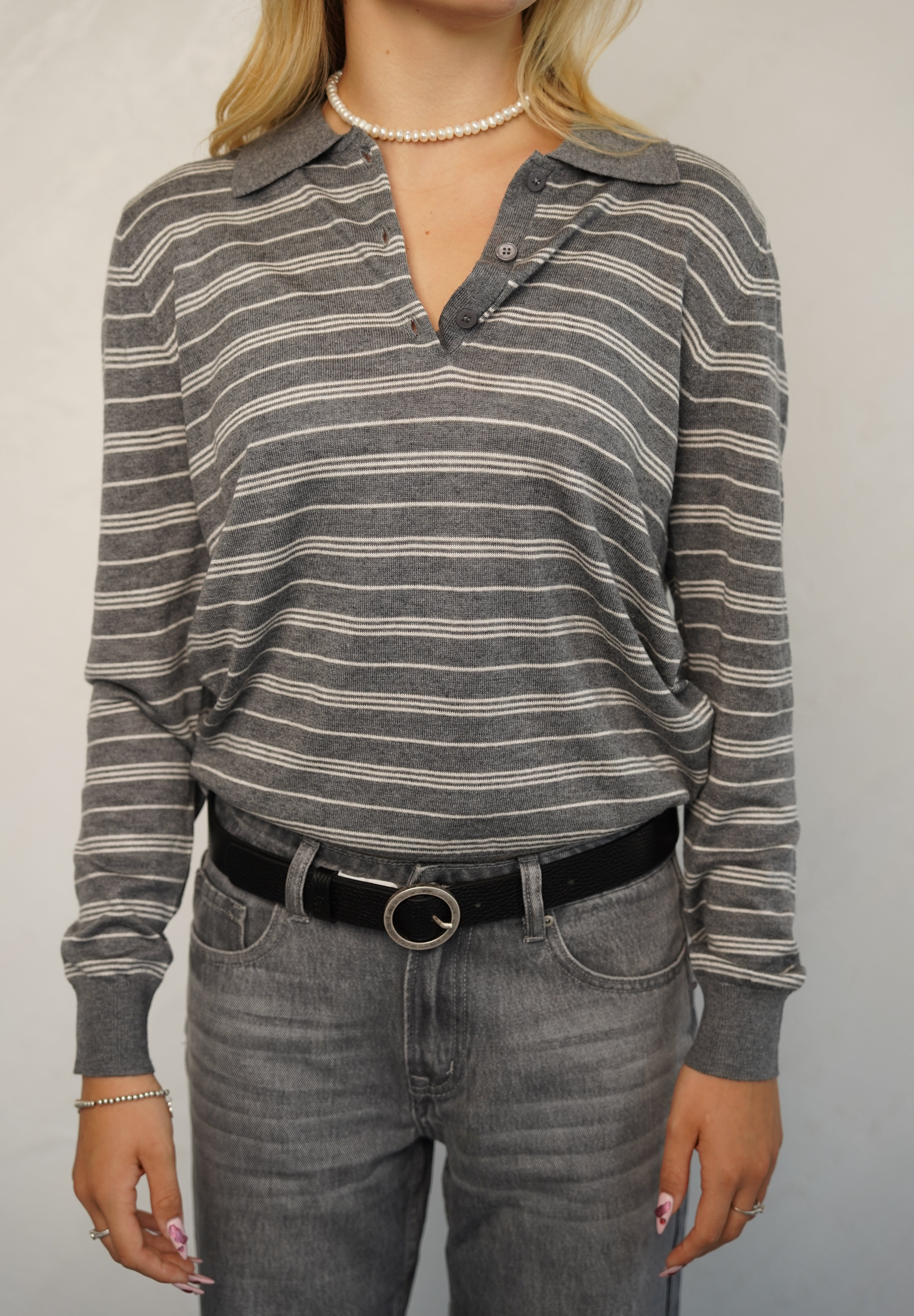 סריג פולו פסים אפור