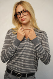 סריג פולו פסים אפור