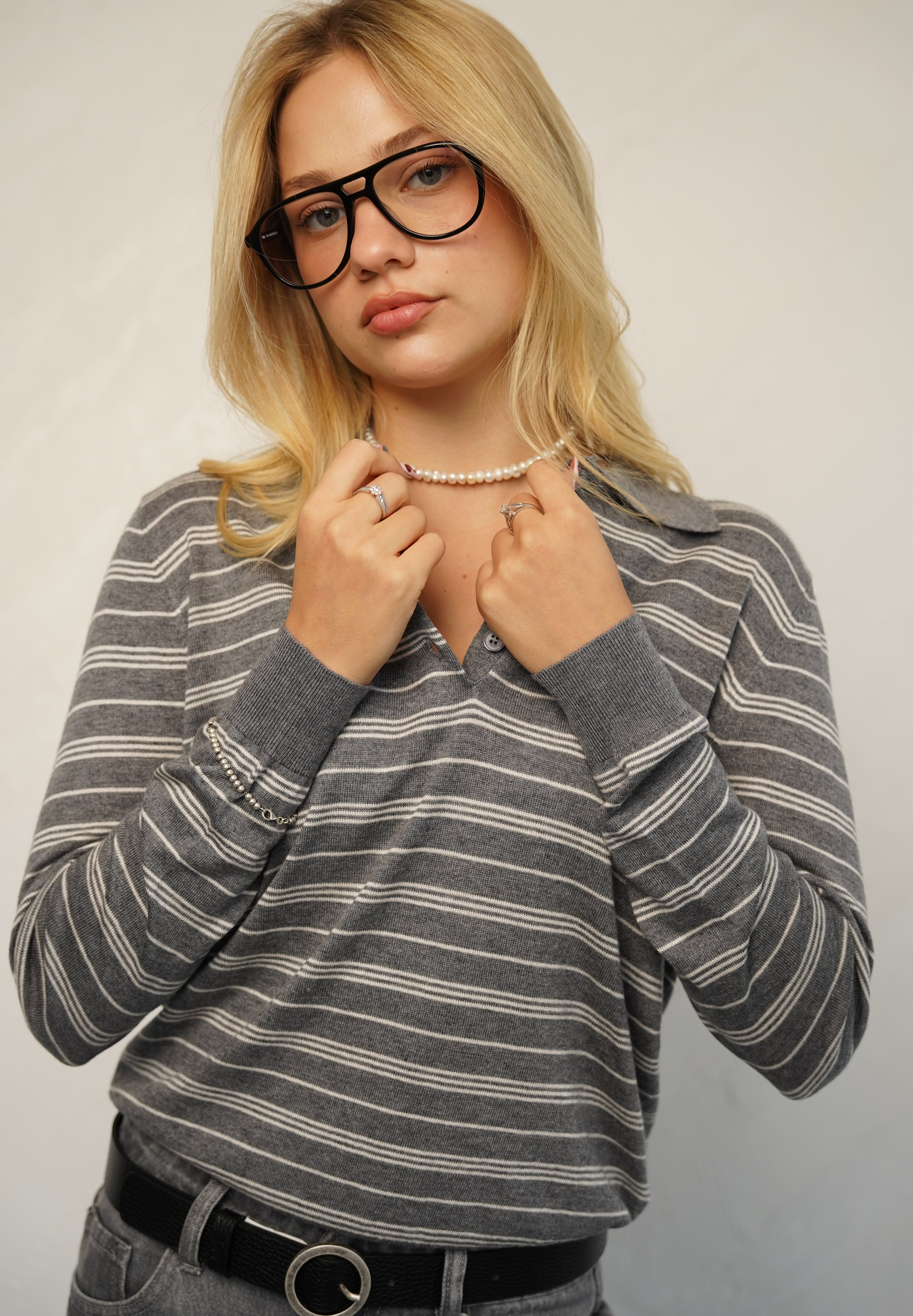 סריג פולו פסים אפור