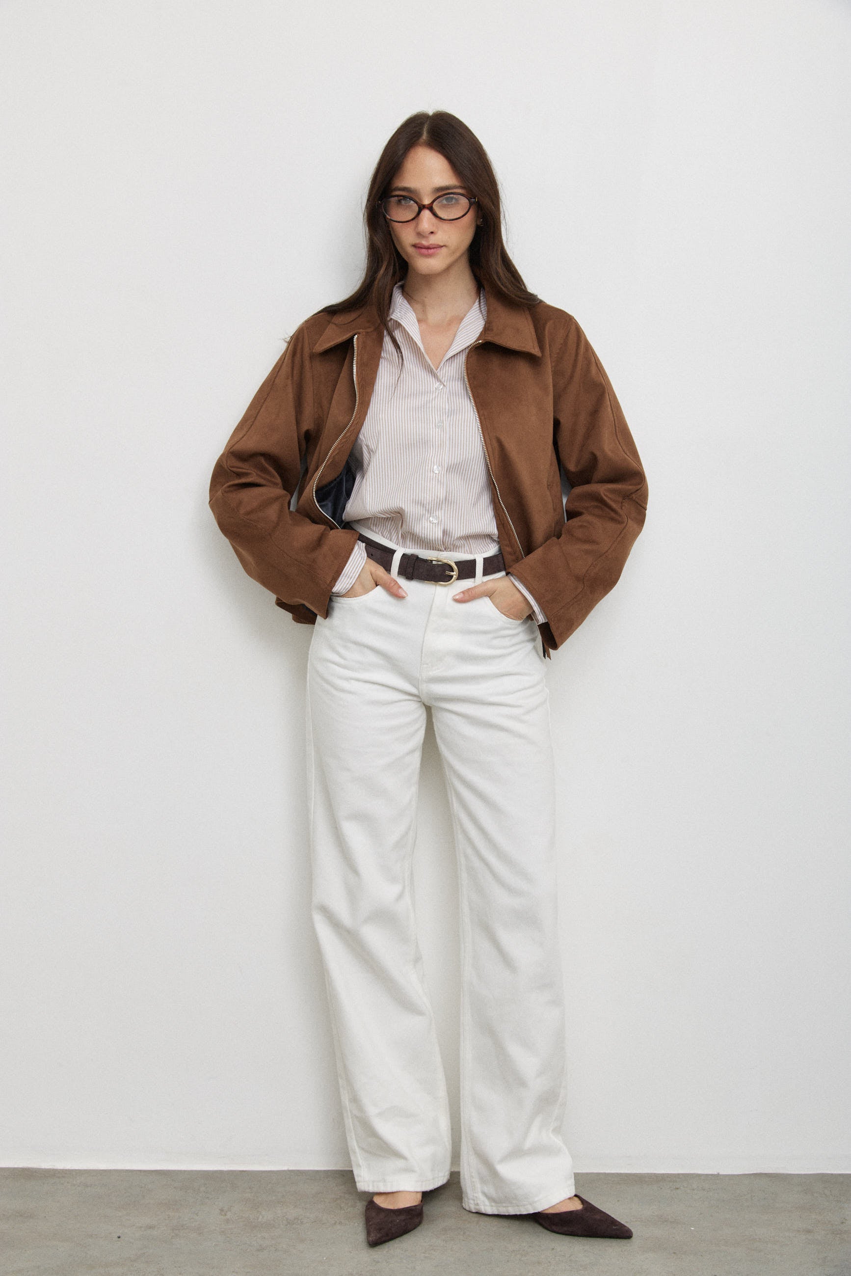 חולצה מכופתרת פסים בז