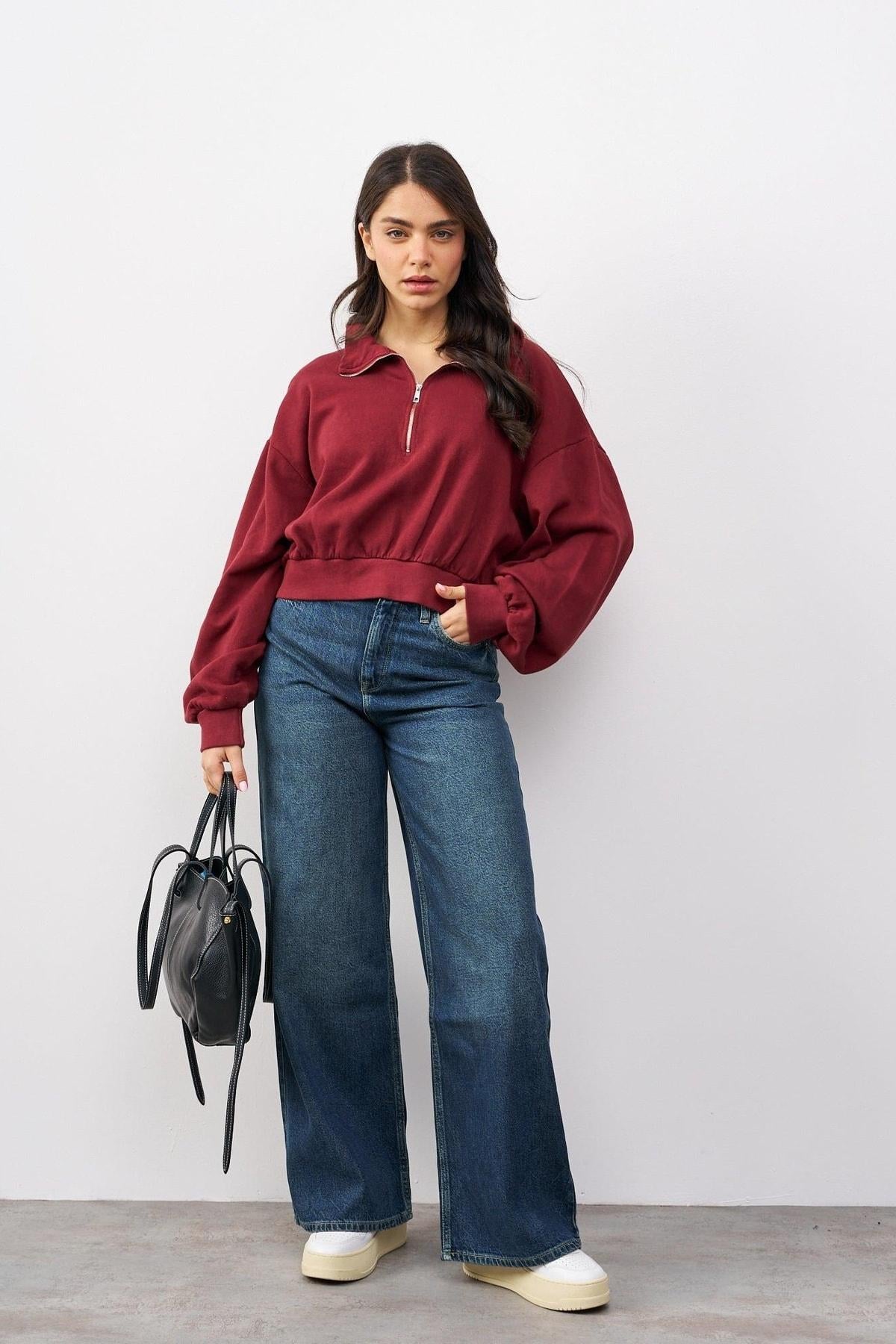 סווטשירט קו מכנס בשילוב רוכסן בורדו