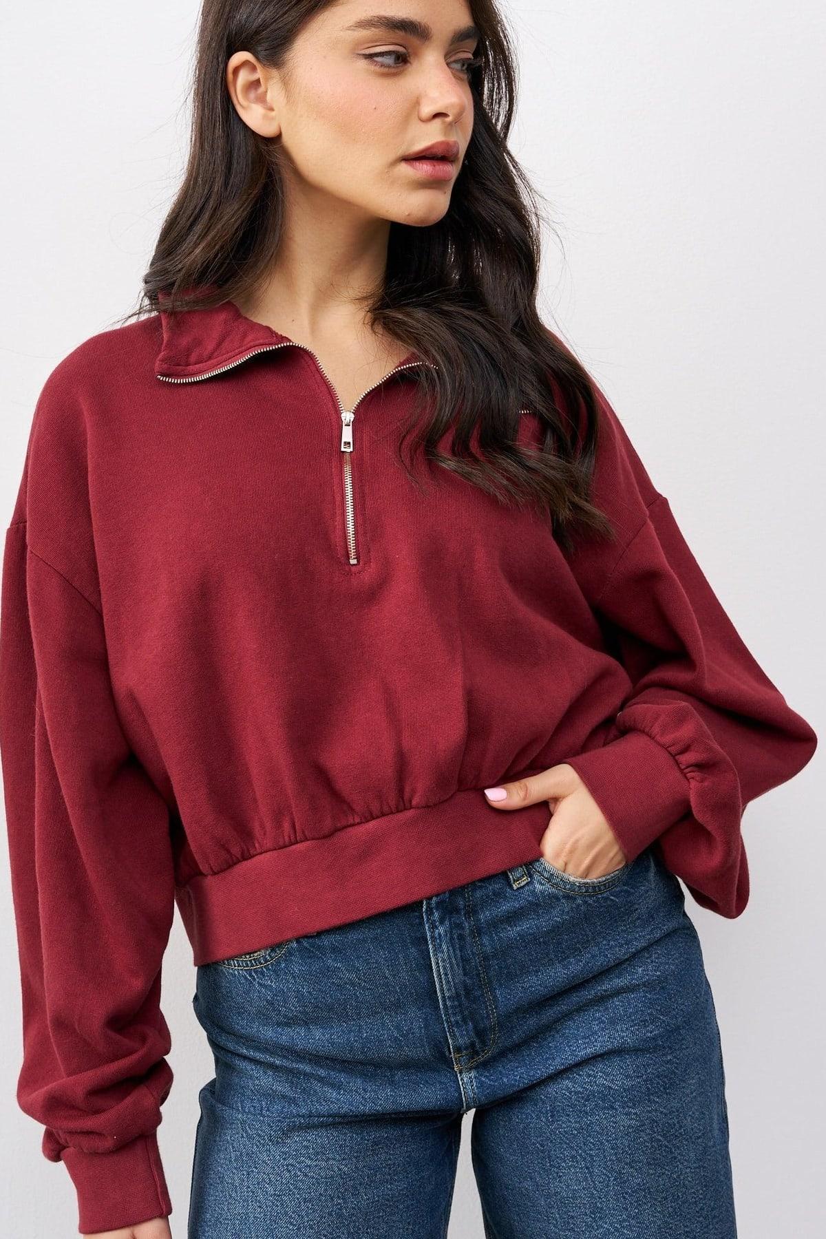 סווטשירט קו מכנס בשילוב רוכסן בורדו