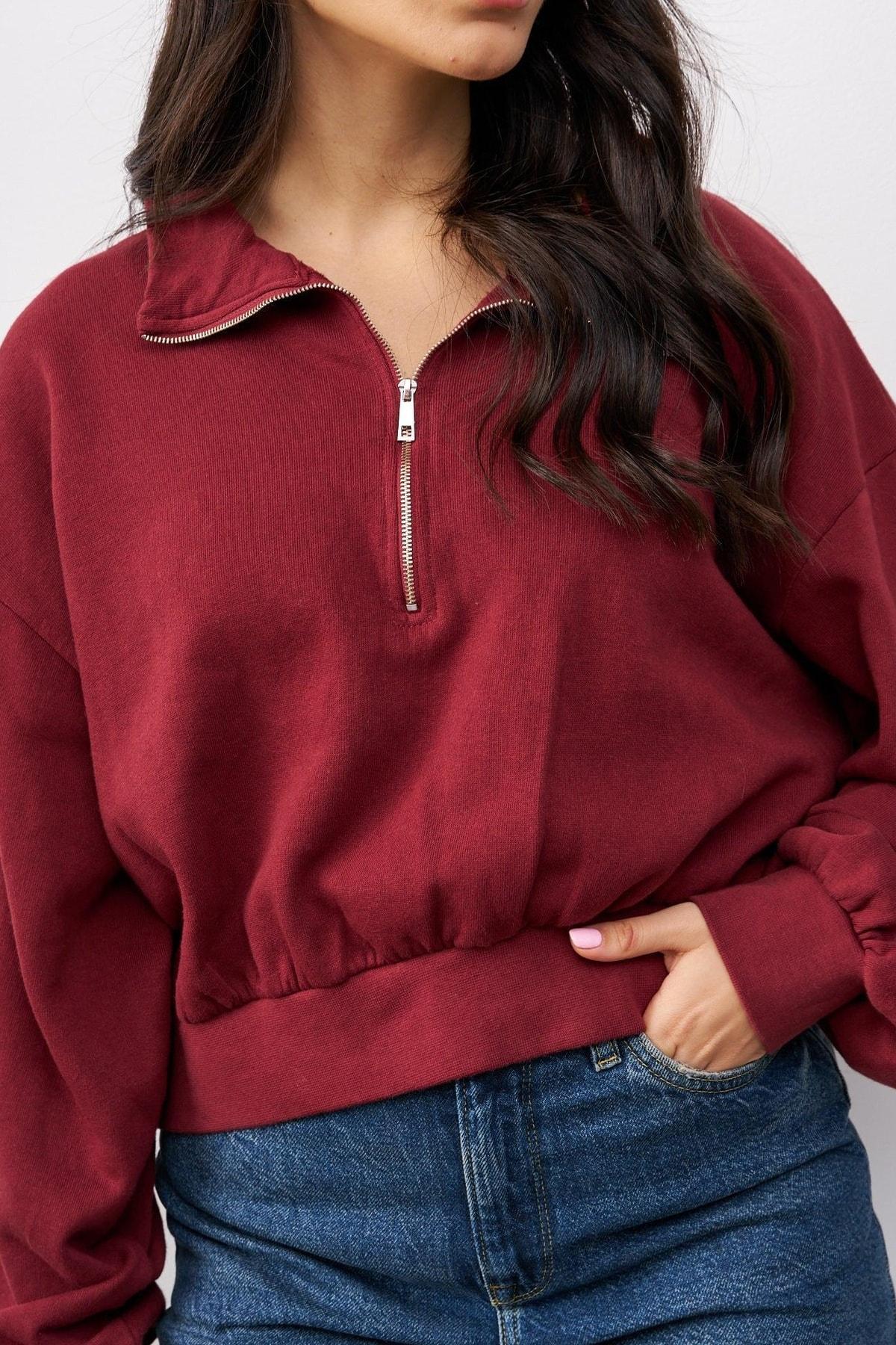 סווטשירט קו מכנס בשילוב רוכסן בורדו