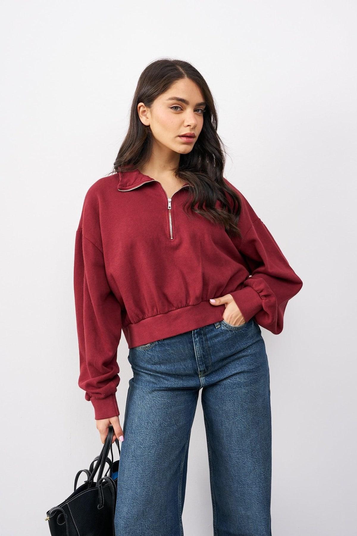 סווטשירט קו מכנס בשילוב רוכסן בורדו